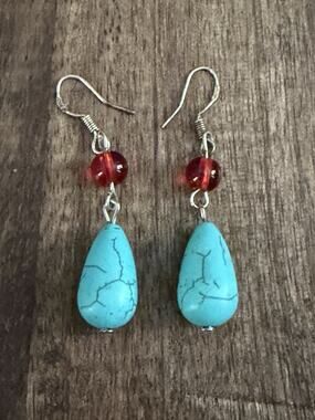 Faux Turquoise Dangle Pierced Earrings w/.925 SS Hooks 1 3/4"